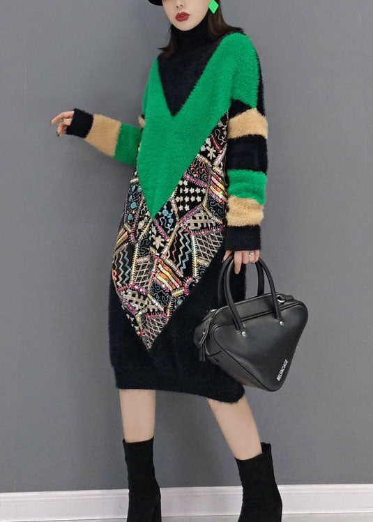 上品ブラック タートルネック プリント厚手ミンクベルベットドレス – 春向け
