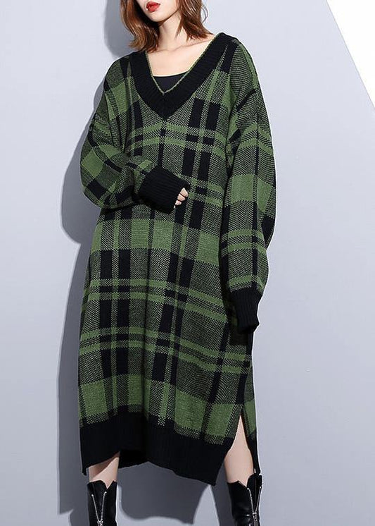 レディース グリーンチェック 綿混ロングシャツワンピース – サイドオープン Vネックデイリードレス