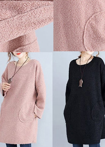 冬向け 厚手あったか ブラックコーデュロイ カジュアル長袖ニットワンピース（プラスサイズ）